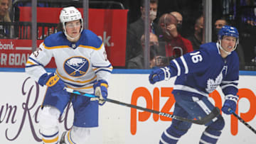 TORONTO, ON - APRIL 12: Owen Power #25 of the Buffalo Sabres skates in his 1st NHL game against the Toronto Maple Leafs at Scotiabank Arena on April 12, 2022 in Toronto, Ontario, Canada. The Sabres defeated the Maple Leafs 5-2. (Photo by Claus Andersen/Getty Images)