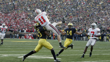 Anthony Gonzalez of the Ohio State Buckeyes makes a catch late in the 4th quarter to set up the game winning score against the Michigan Wolverines at Michigan Stadium in Ann Arbor, Michigan on November 19, 2005. Ohio State won 25-21. (Photo by G. N. Lowrance/Getty Images)