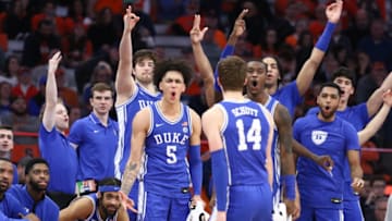 Duke basketball celebrates a victory over Syracuse (Photo by Isaiah Vazquez/Getty Images)