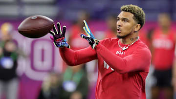 INDIANAPOLIS, INDIANA - MARCH 04: Jadon Haselwood of Arkansas participates in a drill during the NFL Combine at Lucas Oil Stadium on March 04, 2023 in Indianapolis, Indiana. (Photo by Stacy Revere/Getty Images)