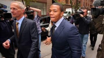 Nov 5, 2014; New York, NY, USA; Suspended NFL running back Ray Rice (right) with his attorney Peter Ginsberg arrive for his appeal hearing on his indefinite suspension from the NFL. Mandatory Credit: Brad Penner-USA TODAY