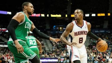 Nov 23, 2013; Atlanta, GA, USA; Atlanta Hawks guard Shelvin Mack (8) is defended by Boston Celtics forward Jared Sullinger (7) during the fourth quarter at Philips Arena. The Celtics won 94-87. Mandatory Credit: Kevin Liles-USA TODAY Sports