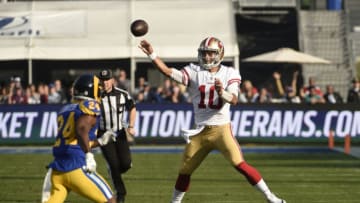 LOS ANGELES, CA - DECEMBER 31: Quarterback Jimmy Garoppolo #10 of the San Francisco 49ers throws a pass against Blake Countess #24 of the Los Angeles Rams during the second quarter at Los Angeles Memorial Coliseum on December 31, 2017 in Los Angeles, California. (Photo by Kevork Djansezian/Getty Images)