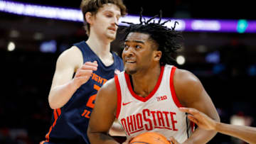 Feb 26, 2023; Columbus, Ohio, USA; Ohio State Buckeyes forward Brice Sensabaugh (10) looks to score as Illinois Fighting Illini forward Matthew Mayer (24) defends during the second half at Value City Arena. Mandatory Credit: Joseph Maiorana-USA TODAY Sports