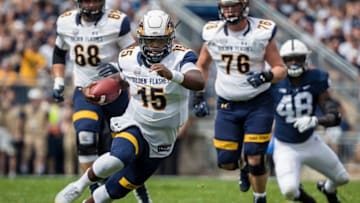 STATE COLLEGE, PA - SEPTEMBER 15: Woody Barrett #15 of the Kent State Golden Flashes scrambles against the Penn State Nittany Lions during the first half at Beaver Stadium on September 15, 2018 in State College, Pennsylvania. (Photo by Scott Taetsch/Getty Images)