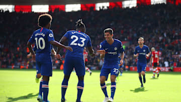 SOUTHAMPTON, ENGLAND - OCTOBER 06: Michy Batshuayi of Chelsea celebrates scoring their fourth goal with Christian Pulisic of Chelsea during the Premier League match between Southampton FC and Chelsea FC at St Mary's Stadium on October 06, 2019 in Southampton, United Kingdom. (Photo by Julian Finney/Getty Images)