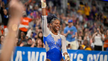 Apr 13, 2023; Fort Worth, TX, USA; University of Florida Gators gymnast Trinity Thomas performs on vault during the NCAA Women's National Gymnastics Tournament Semifinal at Dickies Arena. Mandatory Credit: Jerome Miron-USA TODAY Sports