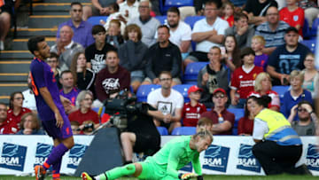 BIRKENHEAD, ENGLAND - JULY 10: Loris Karius of Liverpool reacts after letting in a second goal during the Pre-Season Friendly match between Tranmere Rovers and Liverpool at Prenton Park on July 11, 2018 in Birkenhead, England. (Photo by Jan Kruger/Getty Images)