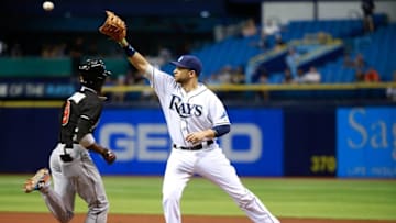 Sep 29, 2015; St. Petersburg, FL, USA; Tampa Bay Rays first baseman James Loney (21) forces out Miami Marlins second baseman Dee Gordon (9) at Tropicana Field. Mandatory Credit: Kim Klement-USA TODAY Sports
