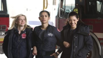 "Fog of War" Episode 1010 -- Pictured: (l-r) Kara Kilmer as Sylvie Brett, Miranda Rae Mayo as Stella Kidd, Hanako Greensmith as Violet -- (Photo by: Adrian Burrows Sr/NBC)