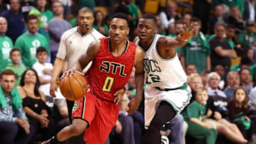 Apr 28, 2016; Boston, MA, USA; Atlanta Hawks guard Jeff Teague (0) drives to the hoop against Boston Celtics guard Terry Rozier (12) during the second half in game six of the first round of the NBA Playoffs at TD Garden. Mandatory Credit: Mark L. Baer-USA TODAY Sports