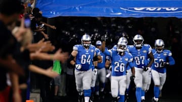 Sep 3, 2015; Detroit, MI, USA; Detroit Lions strong safety Don Carey (26) leads the team onto the field before a preseason NFL football game against the Buffalo Bills at Ford Field. Lions beat the Bills 17-10. Mandatory Credit: Raj Mehta-USA TODAY Sports