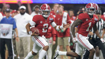 ATLANTA, GA - SEPTEMBER 02: Alabama Crimson Tide quarterback Jalen Hurts (2) with the quarterback keeper during the Chick-fil-A Kickoff Classic between the Alabama Crimson Tide and the Florida State Seminoles, September 2, 2017, at the Mercedes-Benz Stadium in Atlanta, Ga. (Photo by Scott Donaldson/Icon Sportswire via Getty Images)