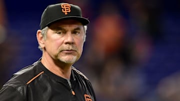Aug 10, 2016; Miami, FL, USA; San Francisco Giants manager Bruce Bochy (15) looks on after a game against the Miami Marlins at Marlins Park. The Giants won 1-0. Mandatory Credit: Steve Mitchell-USA TODAY Sports