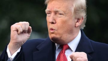 WASHINGTON, DC - NOVEMBER 09: U.S. President Donald Trump speaks to the media before departing on Marine One on the South Lawn of the White House on November 9, 2018 in Washington, DC. President Trump is traveling to France to attend ceremonies marking the 100th anniversary of the end of World War I. (Photo by Mark Wilson/Getty Images)