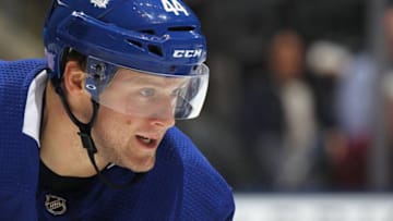 TORONTO, ON - NOVEMBER 7: Morgan Reilly #44 of the Toronto Maple Leafs waits for play to resume against the Vegas Golden Knights during an NHL game at Scotiabank Arena on November 7, 2019 in Toronto, Ontario, Canada. The Maple Leafs defeated the Golden Knights 2-1 in overtime. (Photo by Claus Andersen/Getty Images)