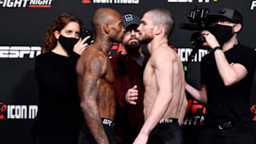 LAS VEGAS, NEVADA - FEBRUARY 04: (L-R) Opponents Malcolm Gordon of Canada and Denys Bondar of the Ukraine face off during the UFC Fight Night weigh-in at UFC APEX on February 04, 2022 in Las Vegas, Nevada. (Photo by Chris Unger/Zuffa LLC)