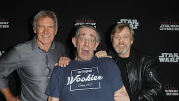 ORLANDO, FL - APRIL 13: Harrison Ford, Peter Mayhew and Mark Hamill attend the 40 Years of Star Wars panel during the 2017 Star Wars Celebrationat Orange County Convention Center on April 13, 2017 in Orlando, Florida. (Photo by Gerardo Mora/Getty Images for Disney)