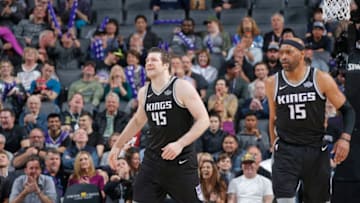 SACRAMENTO, CA - MARCH 9: Jack Cooley #45 and Vince Carter #15 of the Sacramento Kings face the Orlando Magic on March 9, 2018 at Golden 1 Center in Sacramento, California. NOTE TO USER: User expressly acknowledges and agrees that, by downloading and or using this photograph, User is consenting to the terms and conditions of the Getty Images Agreement. Mandatory Copyright Notice: Copyright 2018 NBAE (Photo by Rocky Widner/NBAE via Getty Images)