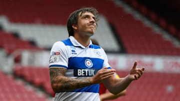 MIDDLESBROUGH, ENGLAND - JULY 05: Jordan Hugill of Queens Park Rangers reacts after having a shot saved by Dejan Stojanovic of Middlesbrough during the Sky Bet Championship match between Middlesbrough and Queens Park Rangers at Riverside Stadium on July 05, 2020 in Middlesbrough, England. (Photo by George Wood/Getty Images)
