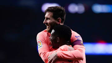 8th December 2018, Cornella-El Prat, Cornella de Llobregat, Barcelona, Spain; La Liga football, Espanyol versus Barcelona; Lionel Messi and Ousmane Dembélé of FC Barcelona celebrates scoring his side's 2nd goal in the 26th minute (photo by Eric Alonso/Action Plus via Getty Images)