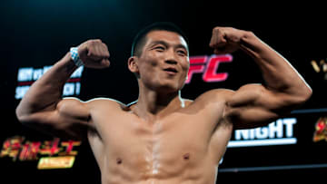 MACAU - FEBRUARY 28: Lipeng Zhang of China weights in during the UFC Night Fight weigh-in event at the Venetian Macau on February 28, 2014 in Macau, Macau. (Photo by Xaume Olleros/Getty Images)