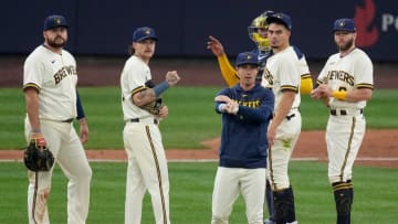 Milwaukee Brewers manager Craig Counsell (blue hoodie) is shown during a pitching change during the sixth inning of their game against the Houston Astros Wednesday, May 24, 2023 at American Family Field in Milwaukee, Wis.