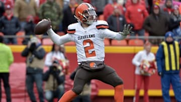 Dec 27, 2015; Kansas City, MO, USA; Cleveland Browns quarterback Johnny Manziel (2) throws a pass during the first half against the Kansas City Chiefs at Arrowhead Stadium. Mandatory Credit: Denny Medley-USA TODAY Sports