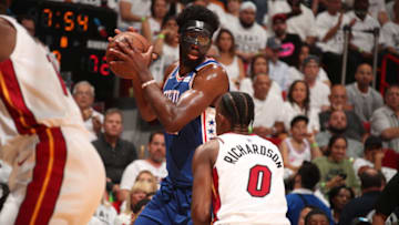 MIAMI, FL - APRIL 19: Joel Embiid #21 of the Philadelphia 76ers handles the ball against the Miami Heat in Game Three of Round One of the 2018 NBA Playoffs on April 19, 2018 at American Airlines Arena in Miami, Florida. NOTE TO USER: User expressly acknowledges and agrees that, by downloading and or using this Photograph, user is consenting to the terms and conditions of the Getty Images License Agreement. Mandatory Copyright Notice: Copyright 2018 NBAE (Photo by Issac Baldizon/NBAE via Getty Images)