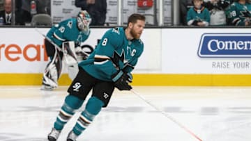 SAN JOSE, CA - MAY 19: Joe Pavelski #8 of the San Jose Sharks skates during warmups against the St. Louis Blues in Game Five of the Western Conference Final during the 2019 NHL Stanley Cup Playoffs at SAP Center on May 19, 2019 in San Jose, California (Photo by Kavin Mistry/NHLI via Getty Images)