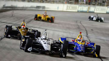 FORT WORTH, TX - JUNE 09: Simon Pagenaud, driver of the #22 DXC Technology Team Penske Chevrolet, leads a pack of cars during the Verizon IndyCar Series DXC Technology 600 at Texas Motor Speedway on June 9, 2018 in Fort Worth, Texas. (Photo by Robert Laberge/Getty Images)