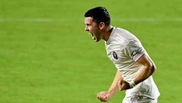 Oct 3, 2020; Fort Lauderdale, Florida, USA; Inter Miami midfielder Lewis Morgan (7) celebrates his goal against New York City FC during the first half at Inter Miami CF Stadium. Mandatory Credit: Jasen Vinlove-USA TODAY Sports