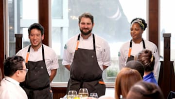 TOP CHEF -- "Shellfishly Delicious" Episode 1813 -- Pictured: (l-r) Shota Nakajima, Gabe Erales, Dawn Burrell -- (Photo by: David Moir/Bravo)