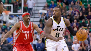 Feb 23, 2016; Salt Lake City, UT, USA; Utah Jazz guard Shelvin Mack (8) dribbles the ball in front of Houston Rockets guard Jason Terry (31) during overtime at Vivint Smart Home Arena. Utah won 117-114. Mandatory Credit: Russ Isabella-USA TODAY Sports