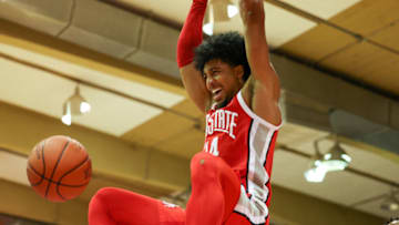 LAHAINA, HI - NOVEMBER 22: Justice Sueing #14 of the Ohio State Buckeyes dunks the ball in the first half of the game against the Cincinnati Bearcats during the Maui Invitational at Lahaina Civic Center on November 22, 2022 in Lahaina, Hawaii. (Photo by Darryl Oumi/Getty Images)