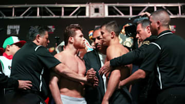 LAS VEGAS, NV - SEPTEMBER 14: Boxers Saul Alvarez and Gennady Golovkin face to face during the official Weigh-in at T-Mobile Arena on September 14, 2018 in Las Vegas, Nevada. (Photo by Omar Vega/Getty Images)