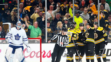 Danton Heinen #43 of the Boston Bruins celebrates after scoring in the second period of a game against the Toronto Maple Leafs in Game Two. (Photo by Adam Glanzman/Getty Images)