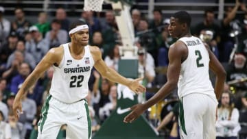 EAST LANSING, MI - DECEMBER 18: Miles Bridges #22 of the Michigan State Spartans celebrates a second half play with Jaren Jackson Jr. #2 while playing the Houston Baptist Huskies at the Jack T. Breslin Student Events Center on December 18, 2017 in East Lansing, Michigan. Michigan State won the game 107-62. (Photo by Gregory Shamus/Getty Images)