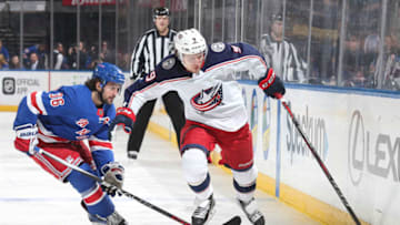 NEW YORK, NY - MARCH 20: Artemi Panarin #9 of the Columbus Blue Jackets skates with the puck against Mats Zuccarello #36 of the New York Rangers at Madison Square Garden on March 20, 2018 in New York City. (Photo by Jared Silber/NHLI via Getty Images)