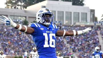 DURHAM, NC - AUGUST 31: Dylan Singleton #16 of the Duke Blue Devils reacts after breaking up a pass against the Army Black Knights during their game at Wallace Wade Stadium on August 31, 2018 in Durham, North Carolina. (Photo by Grant Halverson/Getty Images)