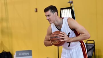 Sep 26, 2016; Miami, FL, USA; Miami Heat guard Goran Dragic (7) poses during photo day at American Airlines Arena. Mandatory Credit: Steve Mitchell-USA TODAY Sports