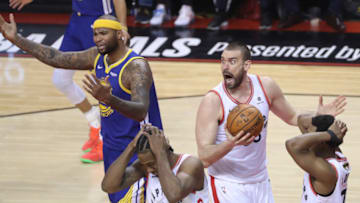 TORONTO, ON- JUNE 2 - Toronto Raptors center Marc Gasol (33) reacts to being called for a foul as the Toronto Raptors play the Golden State Warriors in game Two of the NBA Finals at Scotiabank Arena in Toronto. June 2, 2019. (Steve Russell/Toronto Star via Getty Images)