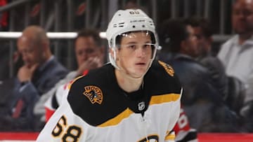 NEWARK, NEW JERSEY - SEPTEMBER 16: Jack Studnicka #68 of the Boston Bruins skates against the New Jersey Devils during preseason action at the Prudential Center on September 16, 2019 in Newark, New Jersey. (Photo by Bruce Bennett/Getty Images)