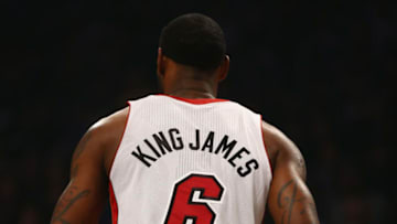 NEW YORK, NY - JANUARY 10: LeBron James #6 of the Miami Heat is seen with his nickname King James on the back of his jersey against the Brooklyn Nets during their game at the Barclays Center on January 10, 2014 in New York City. NOTE TO USER: User expressly acknowledges and agrees that, by downloading and or using this photograph, User is consenting to the terms and conditions of the Getty Images License Agreement. (Photo by Al Bello/Getty Images)