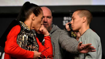 NEW YORK, NY - NOVEMBER 02: (L-R) Opponents Joanna Jedrzejczyk of Poland and Rose Namajunas face off during the UFC 217 Press Conference inside Madison Square Garden on November 2, 2017 in New York City. (Photo by Jeff Bottari/Zuffa LLC/Zuffa LLC via Getty Images)