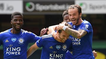 Leicester City's Ben Chilwell, James Maddison, Kelechi Iheanacho (Photo by MICHAEL REGAN/POOL/AFP via Getty Images)