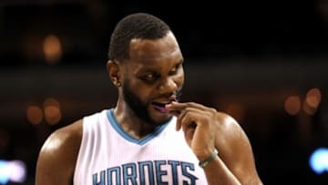 Oct 23, 2014; Charlotte, NC, USA; Charlotte Hornets center Al Jefferson (25) in a time out during the second half of the game against the Indiana Pacers at Time Warner Cable Arena. Pacers win 88-79. Mandatory Credit: Sam Sharpe-USA TODAY Sports