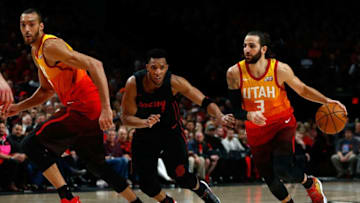 PORTLAND, OR - APRIL 11: Ricky Rubio #3 of the Utah Jazz in action against the Portland Trail Blazers at Moda Center on April 11, 2018 in Portland, Oregon.NOTE TO USER: User expressly acknowledges and agrees that, by downloading and or using this photograph, User is consenting to the terms and conditions of the Getty Images License Agreement. (Photo by Jonathan Ferrey/Getty Images)