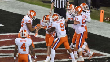 Jan 9, 2017; Tampa, FL, USA; Clemson Tigers wide receiver Hunter Renfrow (13) celebrates with teammates after scoring a touchdown against the Alabama Crimson Tide in the 3rd quarter in the 2017 College Football Playoff National Championship Game at Raymond James Stadium. Mandatory Credit: Jasen Vinlove-USA TODAY Sports
