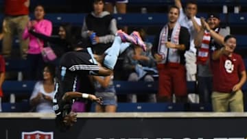 Jul 22, 2015; Bridgeview, IL, USA; Chicago Fire forward Kennedy Igboananike (77) celebrates after scoring a goal Orlando City FC during the second half at Toyota Park. Chicago Fire won 3-1. Mandatory Credit: Mike DiNovo-USA TODAY Sports